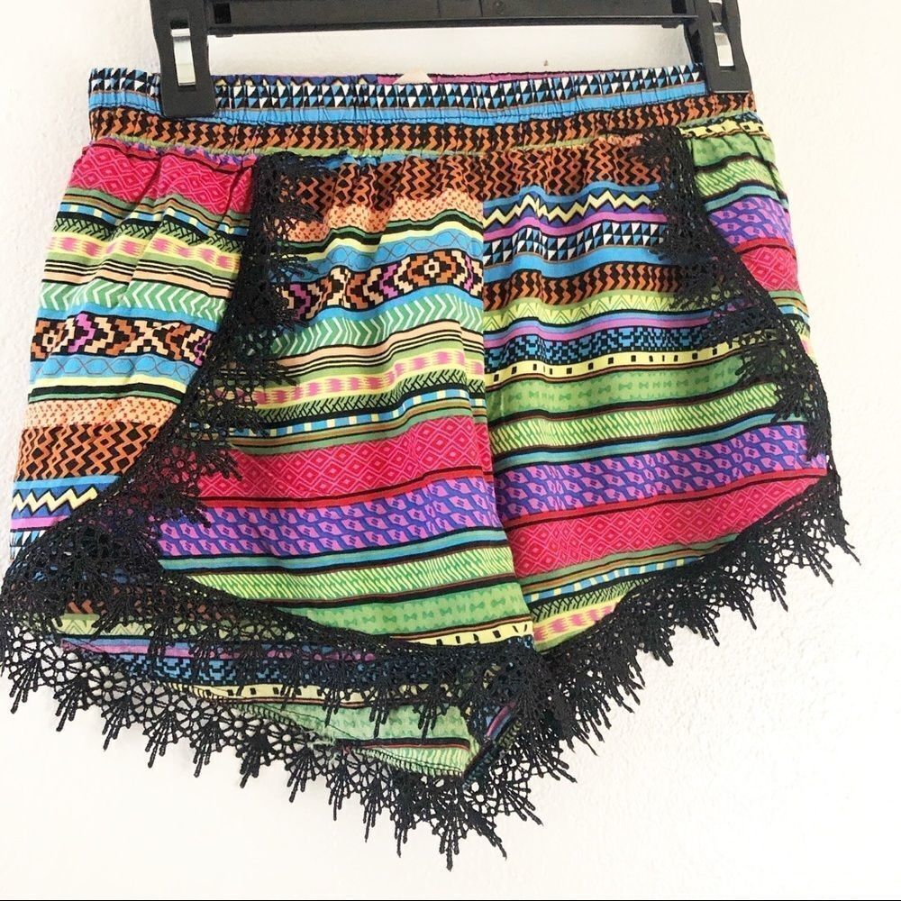 Girl Revolution colorful strip designs shorts with black lace hem size M